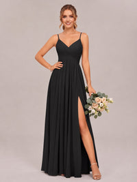 Black Spaghetti Straps Pleated Chiffon Bridesmaid Dress with Slit V-Neck A-line Long Formal Evening Wedding Guest Gown