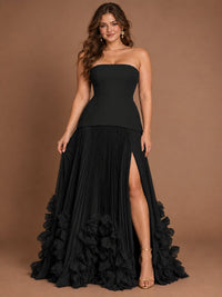 Strapless Pleated Floral Satin Formal Dress with Side Slit