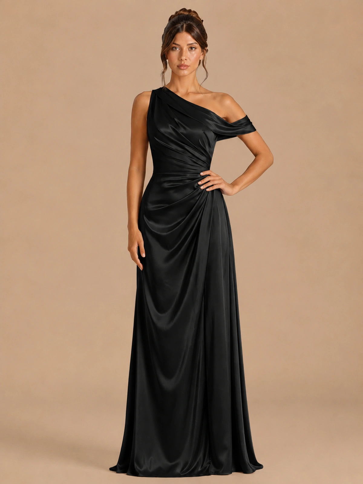 Black-satin one shoulder prom dress ruched long formal gow Jovelle