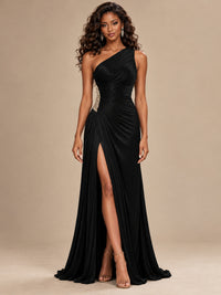 Burgundy One Shoulder Ruched Prom Dress with High Slit & Beaded Waist