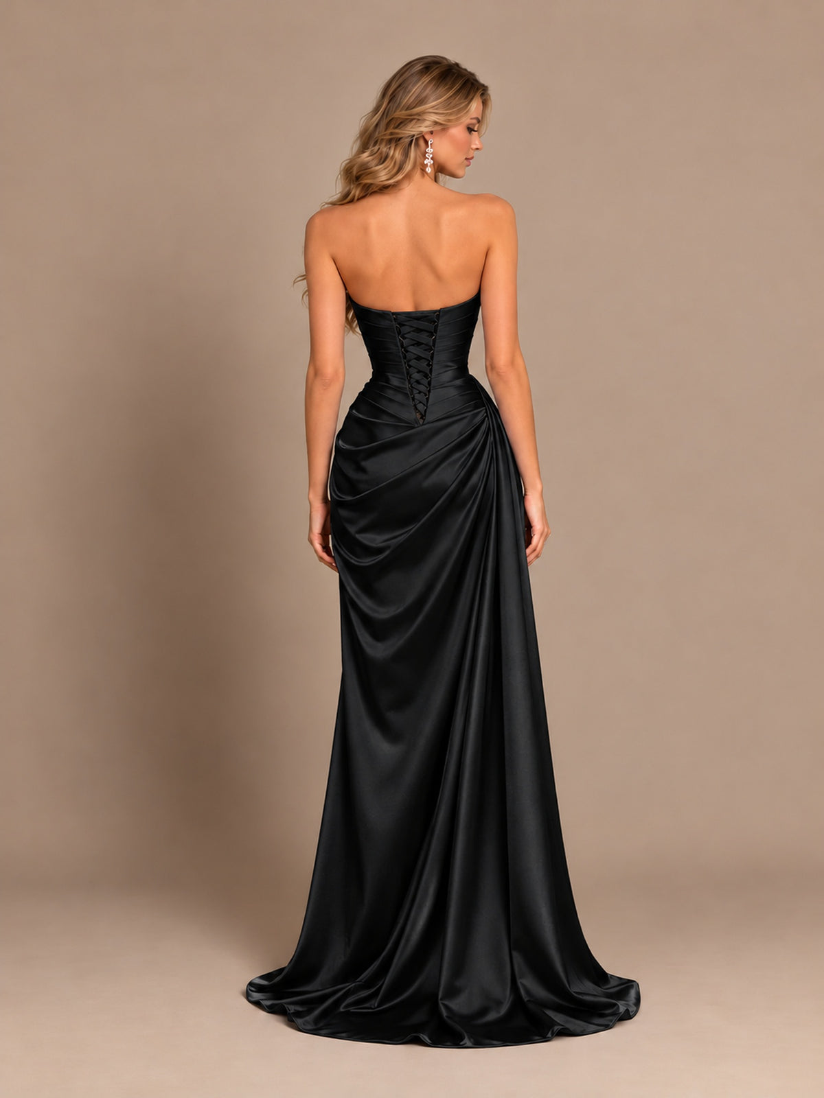Dusty Blue Strapless Satin Prom Dress with Ruched Bodice and Slit
