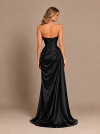Dusty Blue Strapless Satin Prom Dress with Ruched Bodice and Slit