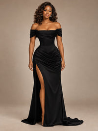 Burgundy Off-the-Shoulder Satin Corset Prom Dress with Slit