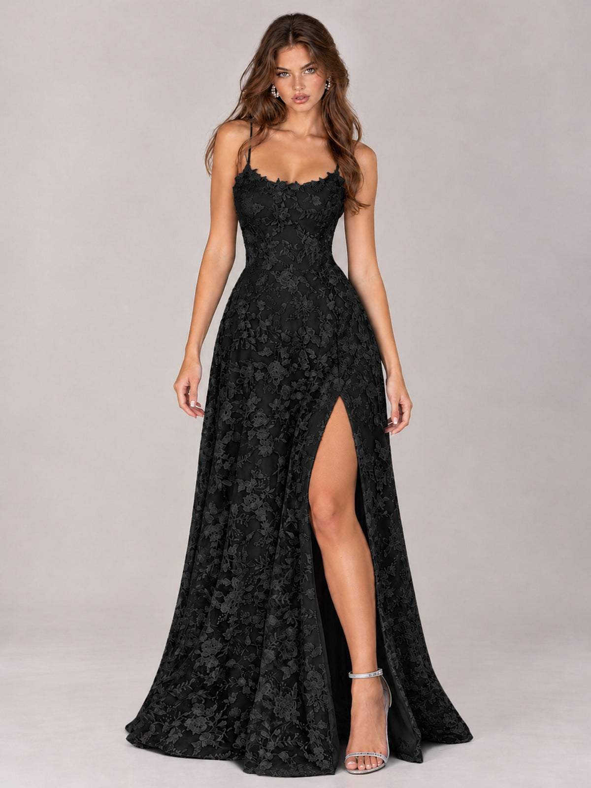 Floral Lace A-Line Prom Dress with Spaghetti Straps & High Slit