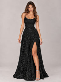 Floral Lace A-Line Prom Dress with Spaghetti Straps & High Slit