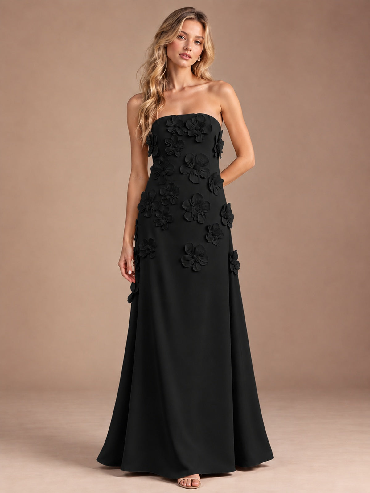 Black-Strapless 3D Floral A-line Satin Prom Maxi Dress Formal Evening Gown