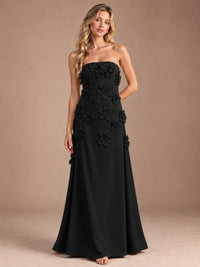 Black-Strapless 3D Floral A-line Satin Prom Maxi Dress Formal Evening Gown