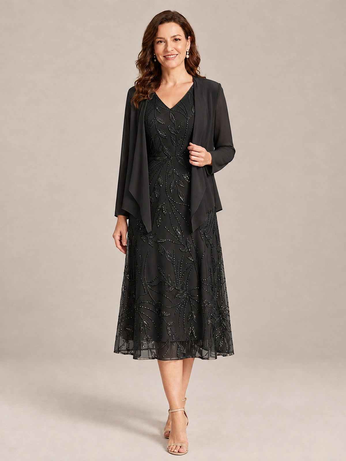 Black-2 Piece Lace Appliques Chiffon Mother of The Bride Dress with Sequin