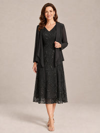 Black-2 Piece Lace Appliques Chiffon Mother of The Bride Dress with Sequin