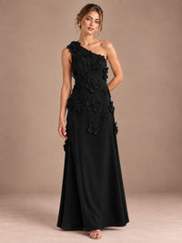 Black- One Shoulder Satin Formal Maxi Dress with 3D Floral