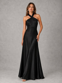 Sage Green Satin A-Line Bridesmaid Dress with Halter Neck