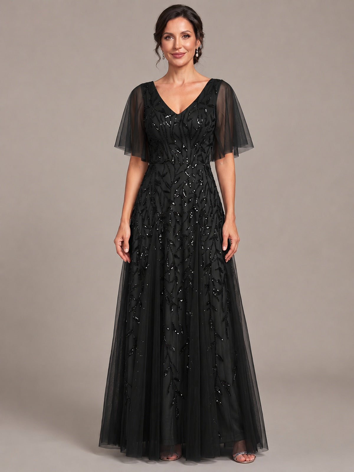 Black V-Neck Sequin Tulle Mother of the Bride Dress with Flutter Sleeve A-line Evening Formal Wedding Guest Dress
