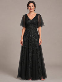 Black V-Neck Sequin Tulle Mother of the Bride Dress with Flutter Sleeve A-line Evening Formal Wedding Guest Dress