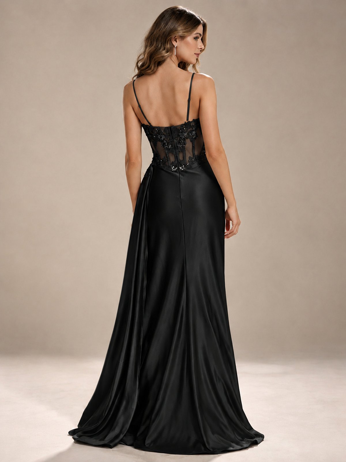 Mermaid Satin Prom Dress with Floral Appliqué Corset and High Slit