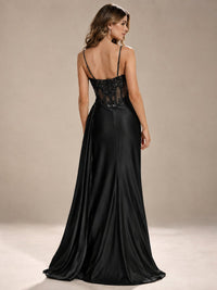 Mermaid Satin Prom Dress with Floral Appliqué Corset and High Slit