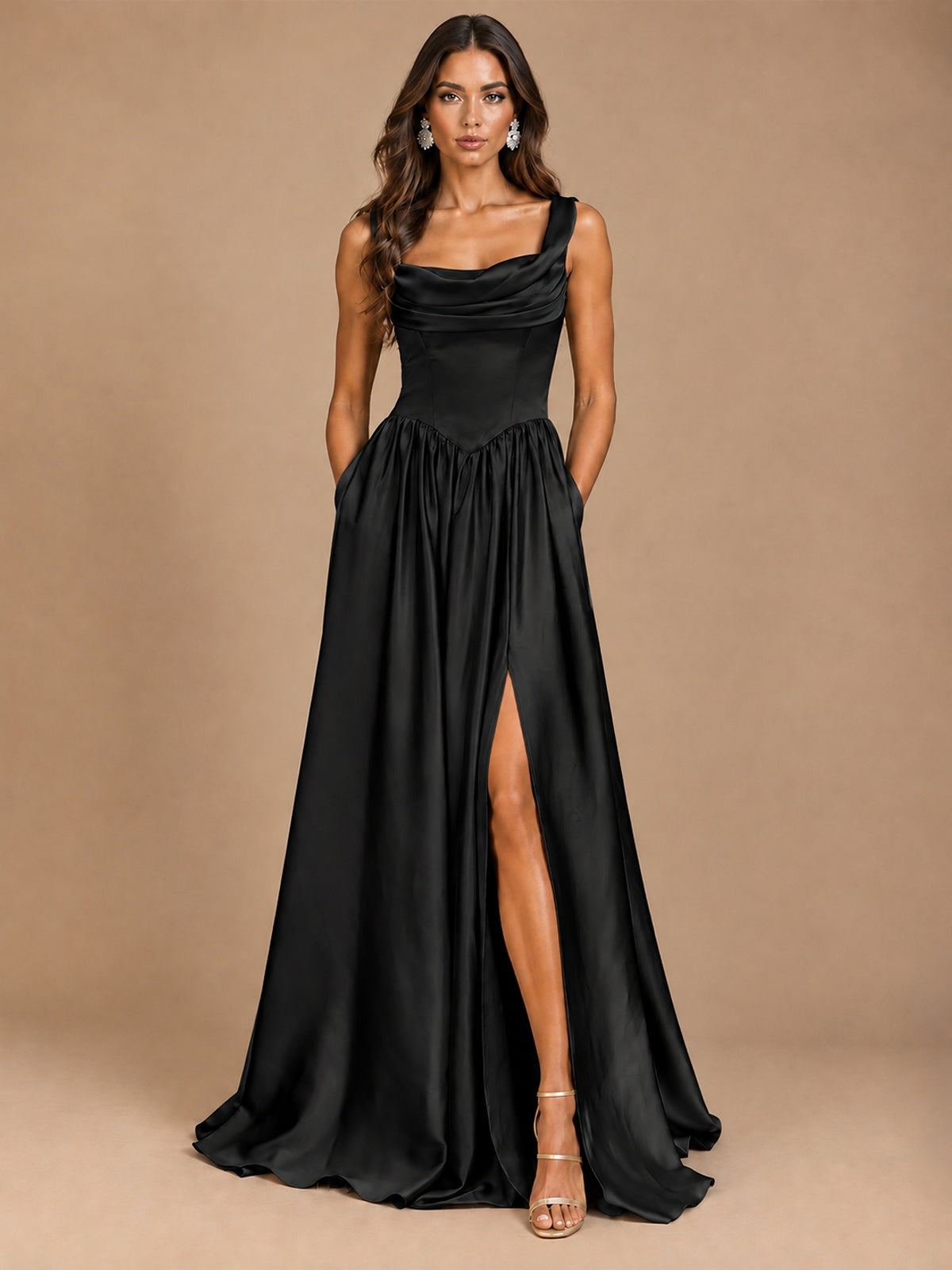 Cowl Neck Pleated Satin Prom Dress with Pockets & Slit Maxi Formal Gowns