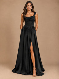 Cowl Neck Pleated Satin Prom Dress with Pockets & Slit Maxi Formal Gowns