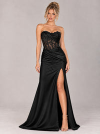 Strapless Satin Prom Dress with Sheer Lace Corset & High Slit