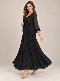 Dusty Blue Floral Lace Chiffon Mother of the Bride Dress with Jacket