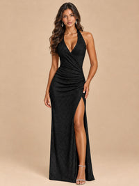 Black-Blush Pink Halter V-Neck Sequin Mermaid Prom Dress with High Slit Jovellee