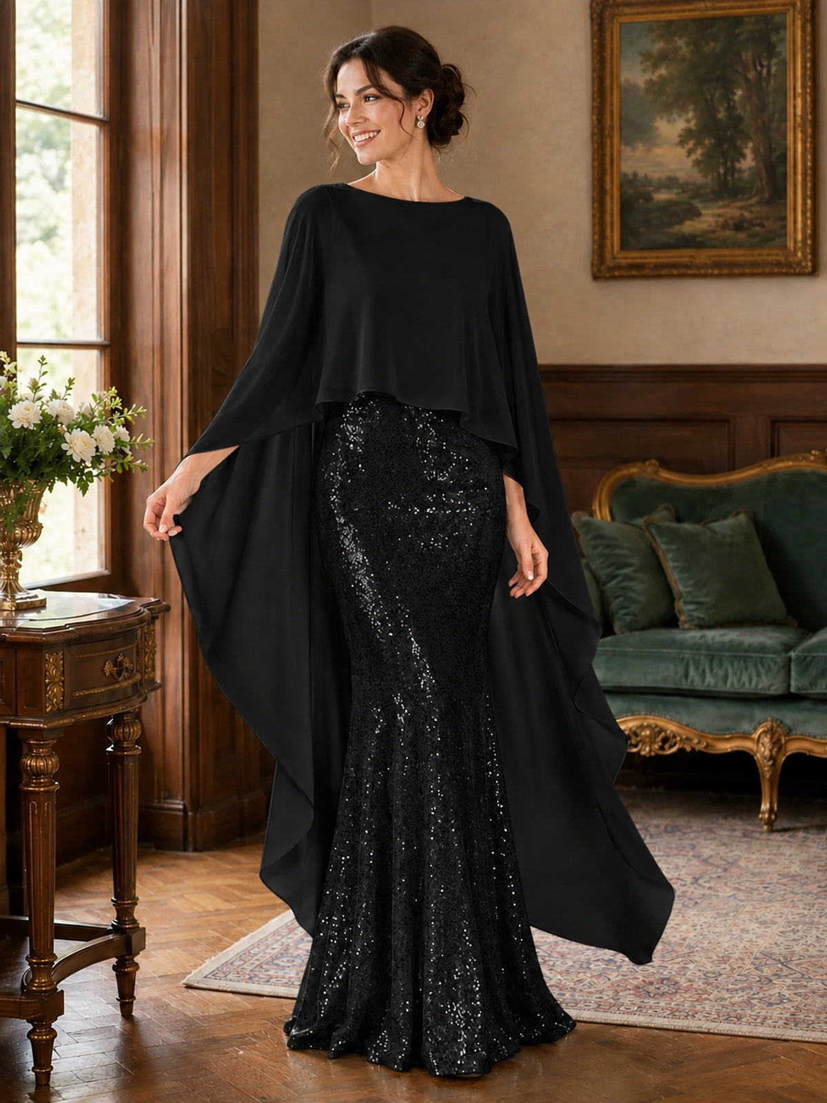 Sequin 2 Pieces Mother of the Bride Dress with Cap Sleeves Chiffon Formal Gowns