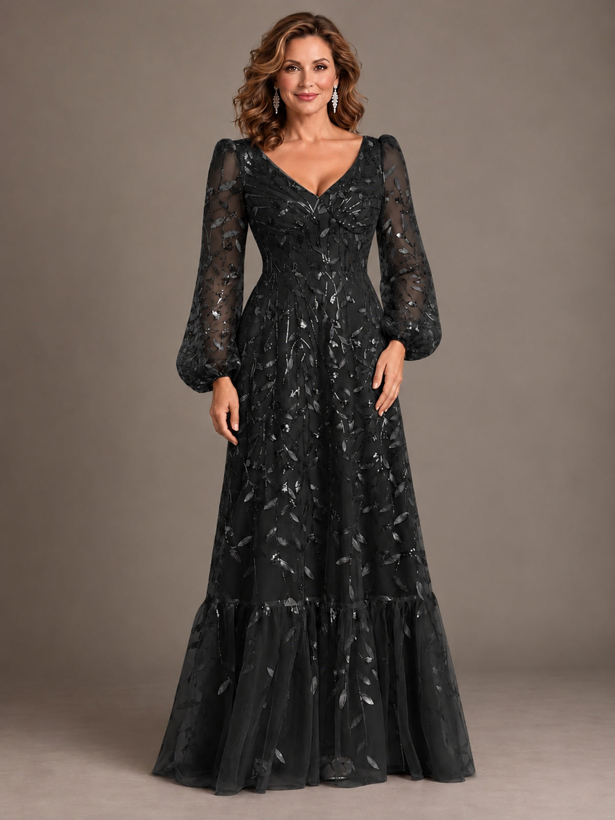 Floral Sequin Embroidered A-Line Mother of the Bride Dress with Long Sleeves