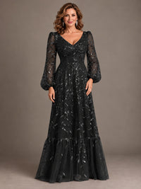 Floral Sequin Embroidered A-Line Mother of the Bride Dress with Long Sleeves