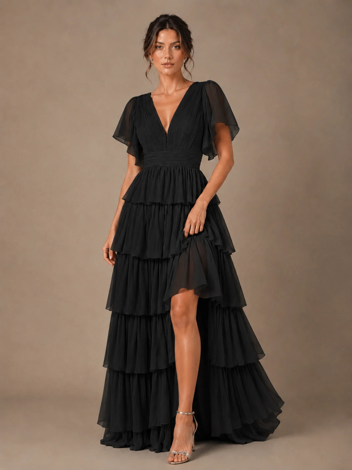 Chiffon V-Neck Tiered Ruffle Bridesmaid Dress with Slit