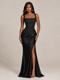 Scoop Neck Sequin Prom Dress with High Slit Satin Formal Gowns