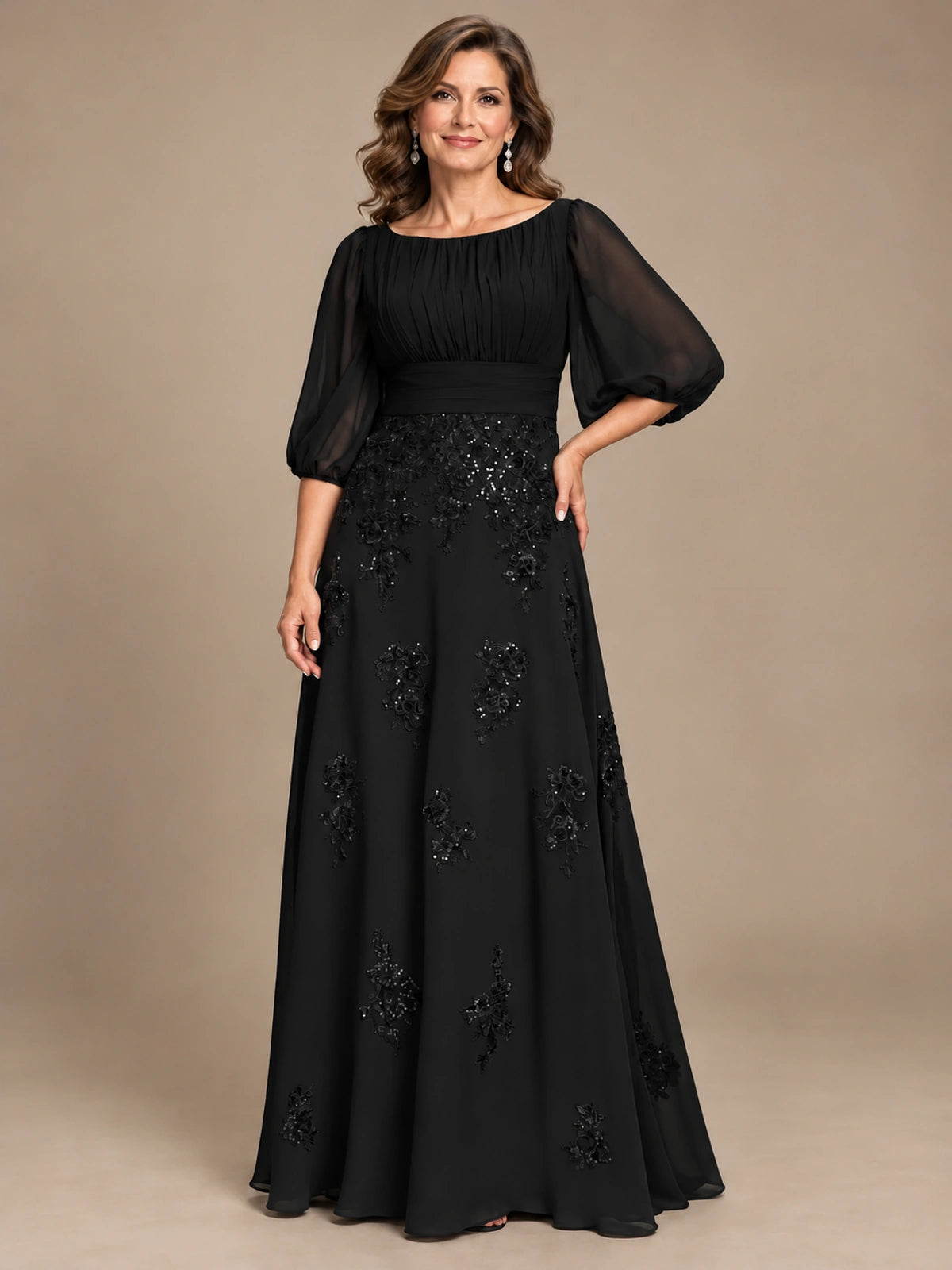 A-Line Mother of the Bride Dress with Sheer Puff Sleeves