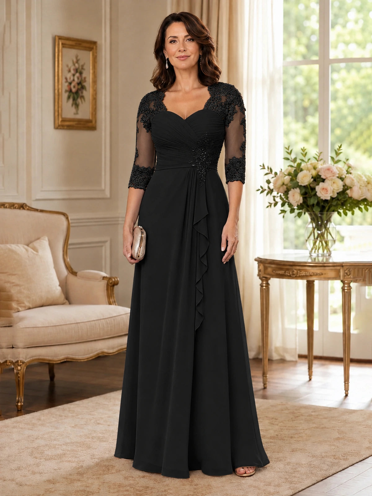 Chiffon Lace Applique Mother of the Bride Dress with 3/4 Sleeves
