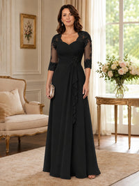 Chiffon Lace Applique Mother of the Bride Dress with 3/4 Sleeves