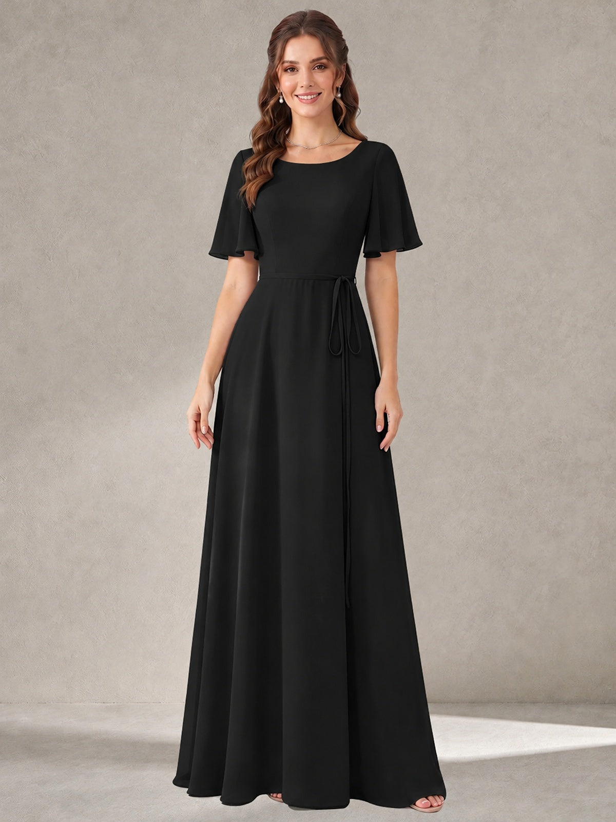Black Scoop Neck A-line Chiffon Bridesmaid Dress with Belt Flutter Sleeve Formal Wedding Guest Dress Evening Gown