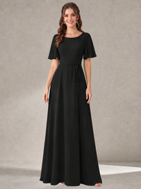 Black Scoop Neck A-line Chiffon Bridesmaid Dress with Belt Flutter Sleeve Formal Wedding Guest Dress Evening Gown