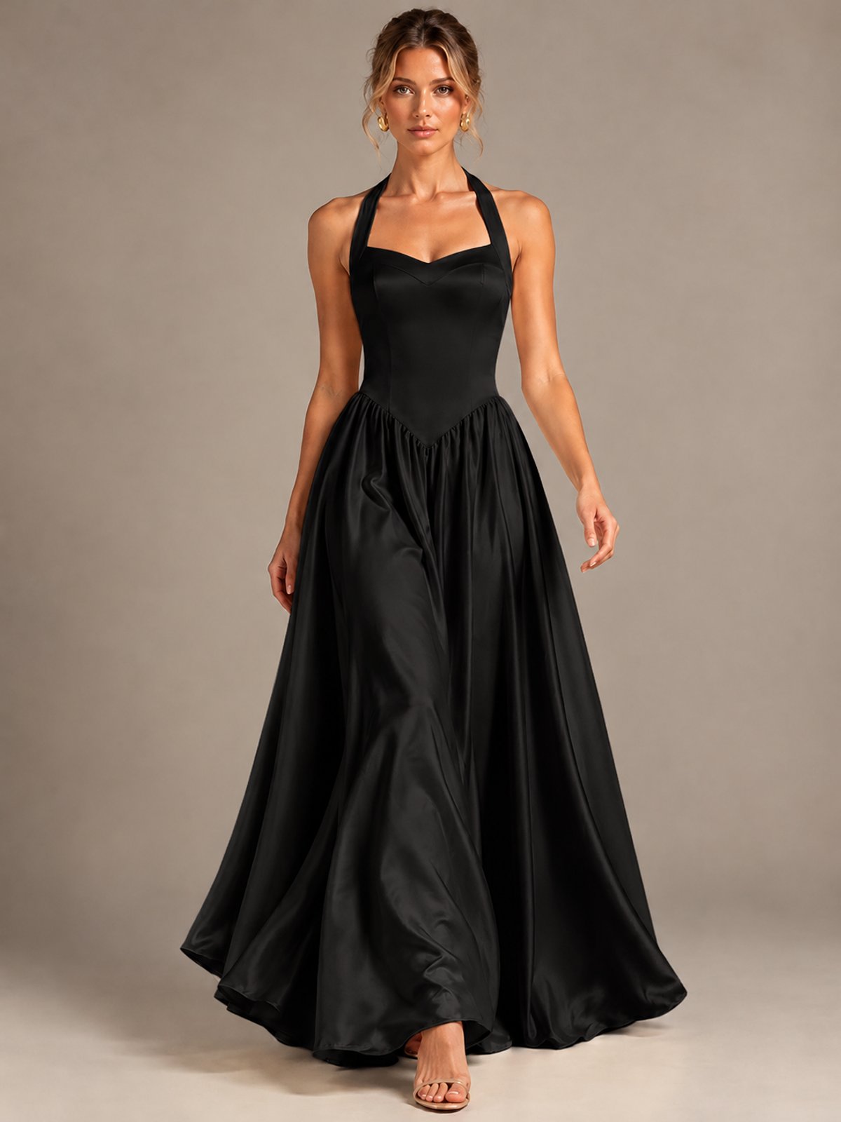 Light Yellow Halter Neck Satin A-Line Maxi Dress with Pockets