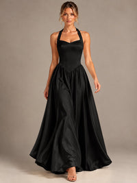 Light Yellow Halter Neck Satin A-Line Maxi Dress with Pockets