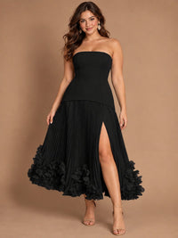 Navy Blue Strapless Pleated A-Line Midi Dress with 3D Floral Applique