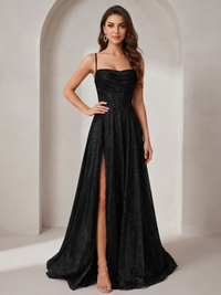 Sparkly Cowl Neck Corset Long Prom Dress with Slit A-line Tulle Ball Gown