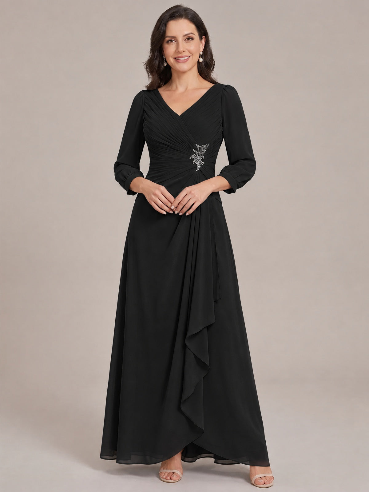Black-Long Sleeve Chiffon Beaded Mother of The Bride Dresses for Women