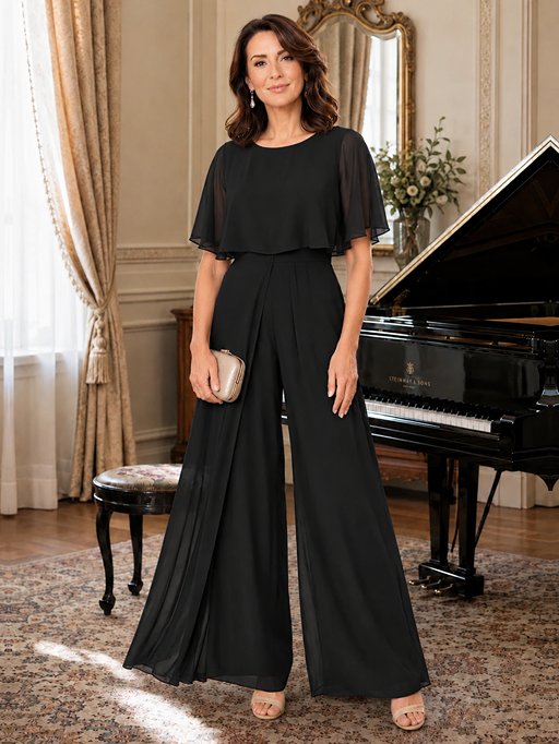 Chiffon Mother of the Bride Jumpsuit with Layered Cape Sleeves