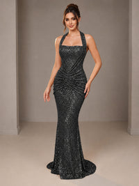 Black Halter Sequin Mermiad Ruched Prom Dress Long Ruched Eveing Gown