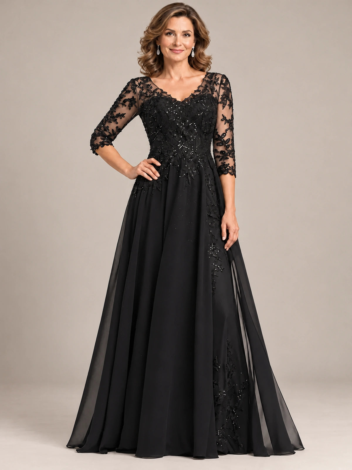 Sequin Lace A-Line Mother of the Bride Dress with 3/4 Sleeves
