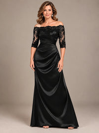 Satin Mother of the Bride Dress with Lace Sleeves Off Shoulder Formal Gown