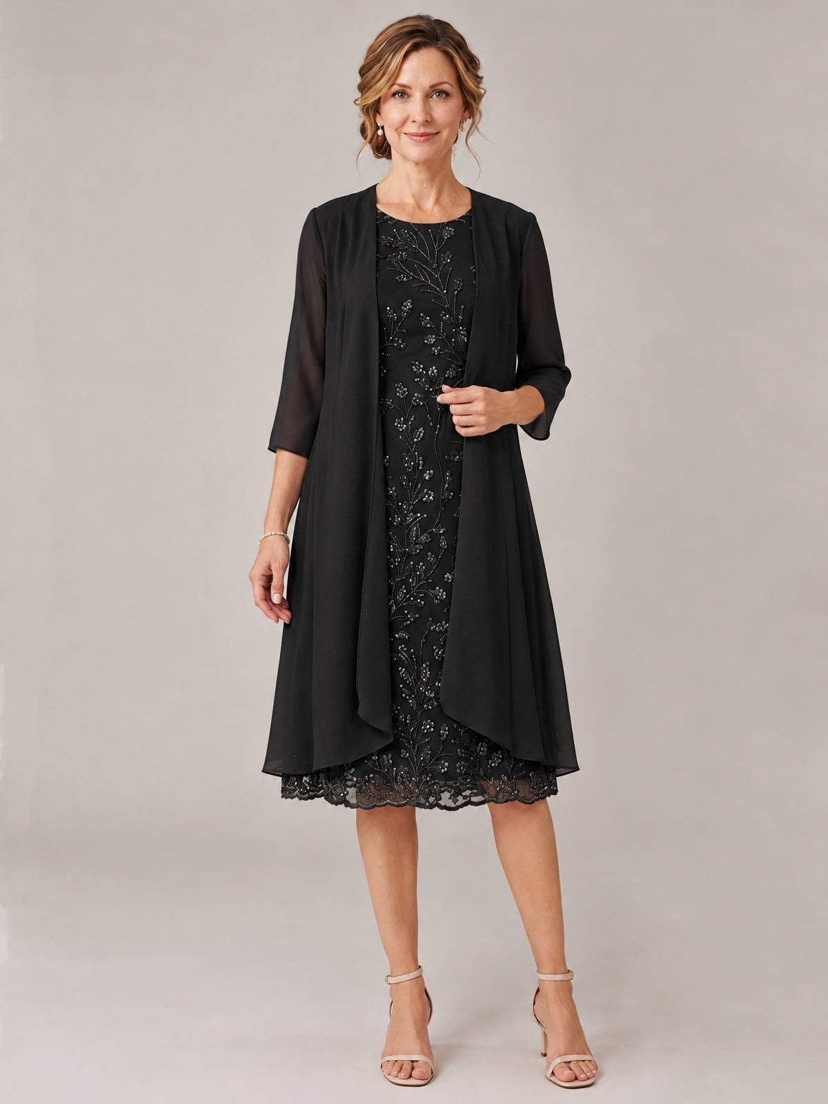 Black-2 Piece Lace Appliques Chiffon Mother of The Bride Dress with Sequin