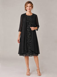 Black-2 Piece Lace Appliques Chiffon Mother of The Bride Dress with Sequin