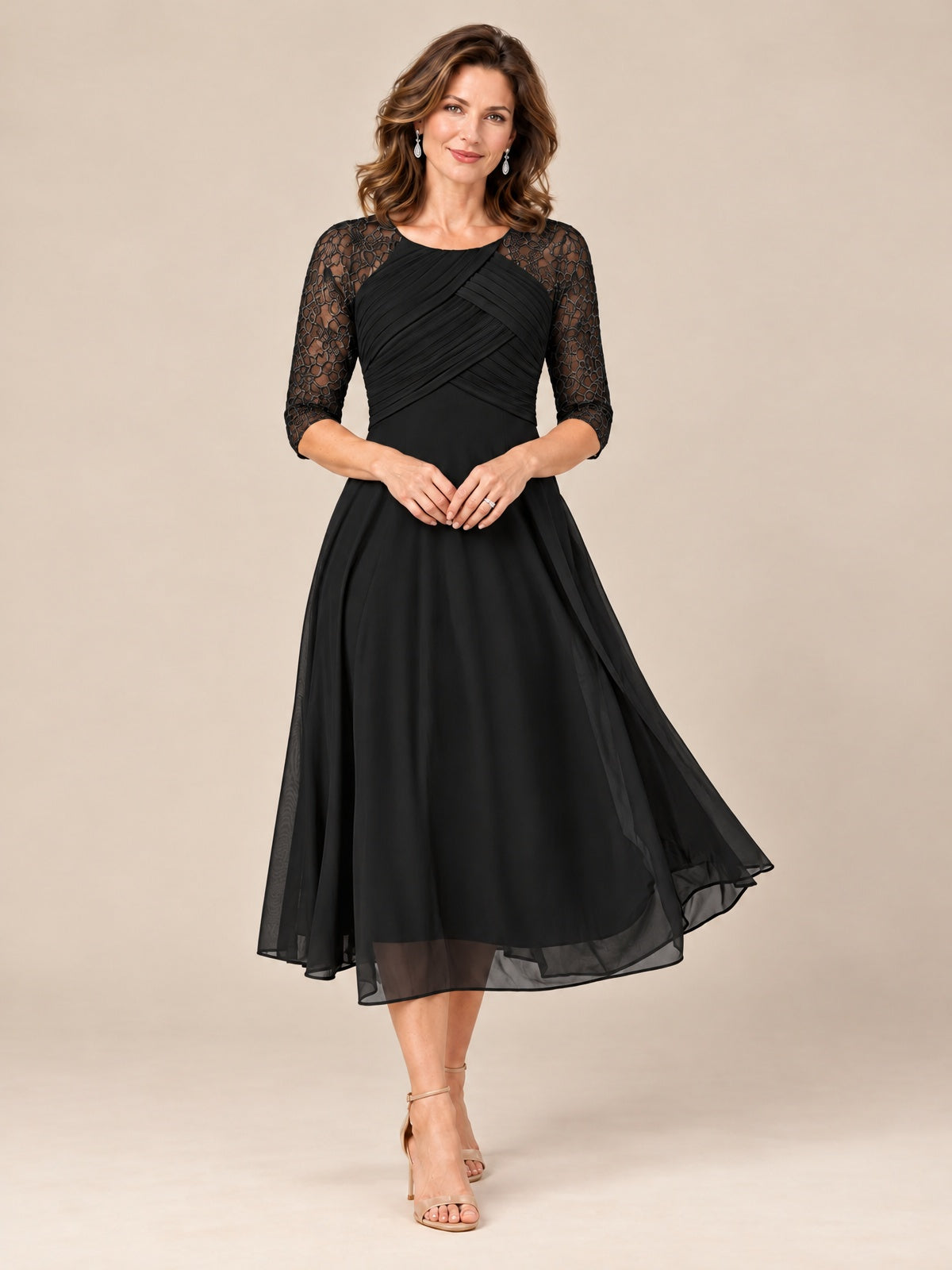 Black-Lace Applique Pleated Tea Length Mother of The Bride Dresses