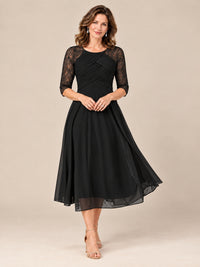 Black-Lace Applique Pleated Tea Length Mother of The Bride Dresses