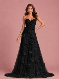 3D Floral Applique Strapless Tulle Prom Dress with High Slit