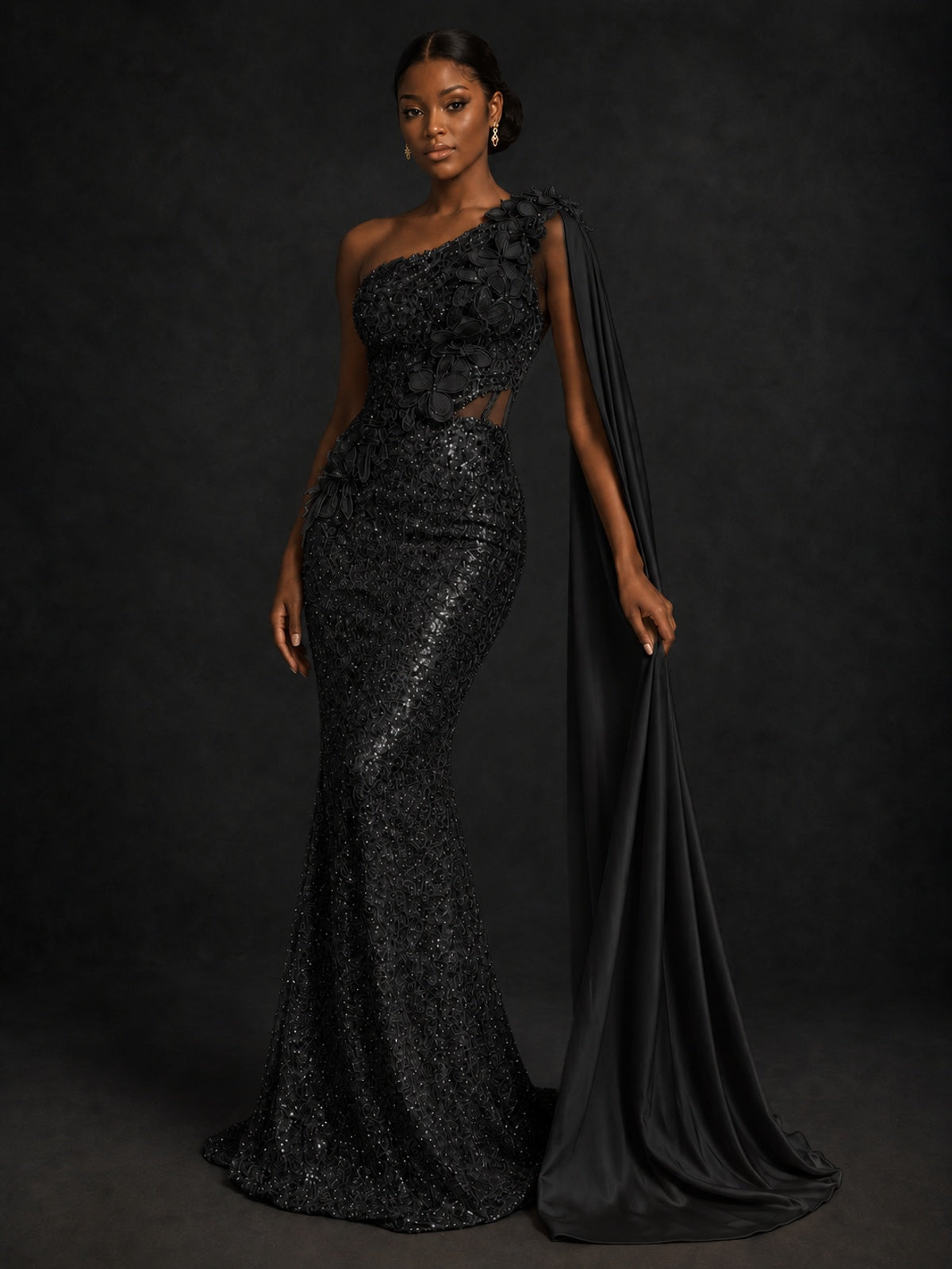 Gold Sequin One Shoulder Mermaid Prom Dress with Cape