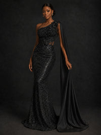 Gold Sequin One Shoulder Mermaid Prom Dress with Cape